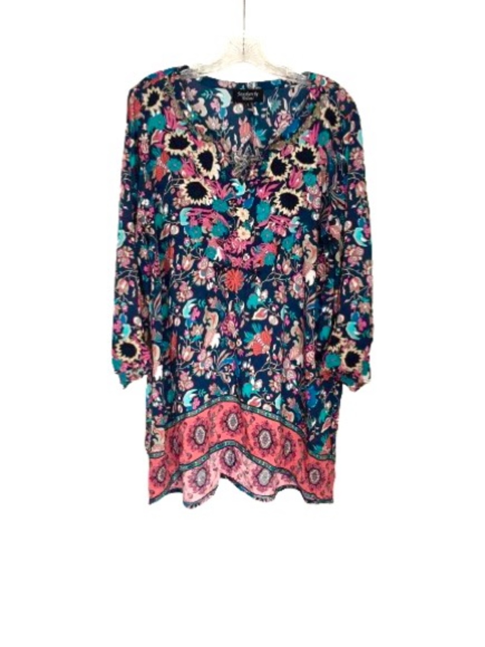 TOLANI Floral Embroidered Tunic Boho Chic Long Tunic Top or Dress XL Vacation